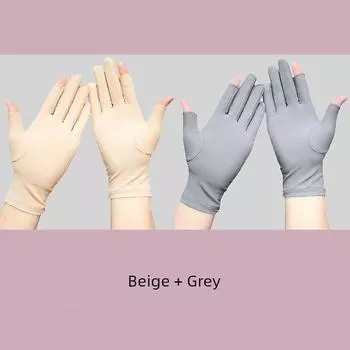Перчатки тонкие из ледяного шелка с защитой от солнца на 2 пальца для женщин, для летних, весенних и осенних дней, с открытыми пальцами, с сенсорным экраном, для сбора чая, езды, вождения, маникюра 2 refers to [gray + beige] 2 pairs