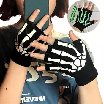 Перчатки унисекс в стиле панк, светящиеся в темноте, перчатки со скелетом и черепом, перчатки без пальцев, эластичные вязаные зимние варежки без пальцев, перчатки для пар 1 pair (One Size) чёрный