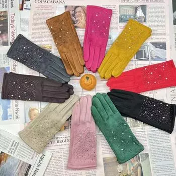 Перчатки женские флисовые утолщенные термоперчатки из оленьей кожи, стразы могут касаться экрана, ветрозащитные перчатки для езды на велосипеде и вождения One size розы красного