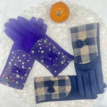 Перчатки женские маленькие цветочные утолщенные флисовые термоперчатки замшевые перчатки для езды на открытом воздухе для сенсорных экранов темно-синий