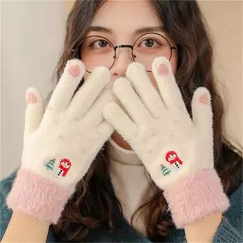 Перчатки женские теплые вязаные милые снеговики студенческие флисовые утолщенные перчатки для сенсорного экрана для верховой езды One Size