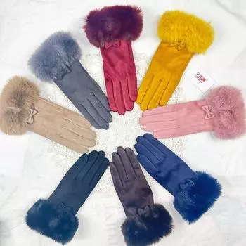 Перчатки женские зимние милые перчатки из кроличьей шерсти для верховой езды теплые замшевые перчатки женские перчатки для сенсорных экранов хаки