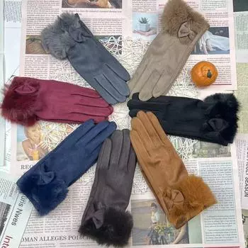 Перчатки женские зимние милые перчатки из кроличьей шерсти для верховой езды теплые замшевые перчатки студенческие перчатки для сенсорных экранов One Size хаки