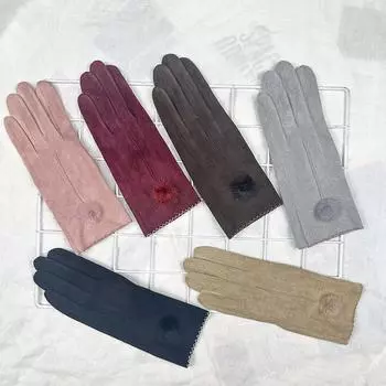 Перчатки женские зимние теплые и холодные однослойные из оленьей кожи бархатные норковые меховые шарики украшения весна и осень сенсорный экран водительские перчатки для верховой езды бордовый