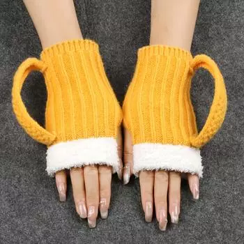 Перчатки, зимние шерстяные перчатки для пивных кружек, мужские и женские полупальцевые теплые плюшевые вязаные перчатки One Size жёлтый