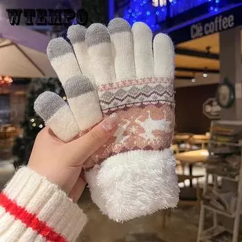 Перчатки зимние женские милые плюс бархатные очки с сенсорным экраном, чтобы согреться, зимние студенческие морозостойкие плюшевые перчатки для верховой езды