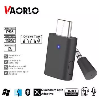 Передатчик VAORLO APTX Type-C для мобильных телефонов PS5 Nintendo с низкой задержкой, поддержка передачи HD-сигнала «один на два» с микрофоном, Plug and Play чёрный
