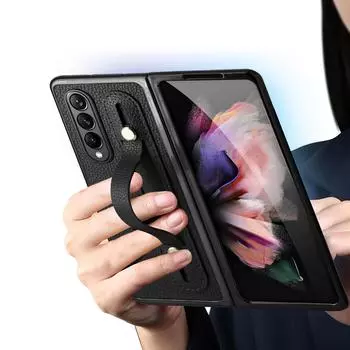 Складной чехол из закаленного стекла для Samsung Galaxy Z Fold 4 Fold3 Fold4 Fold2 Fold 3 2 Нескользящий кожаный чехол-браслет for Samsung Z Fold 4 чёрный