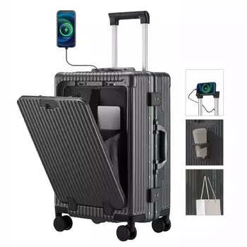 Передняя открытая переноска USB-зарядка Алюминиевый передний замок TSA Мобильная боковая чаша Несколько мест для хранения Ультра популярные цвета [RIRAKIE] Чемодан, чехол, Type-C, порт,