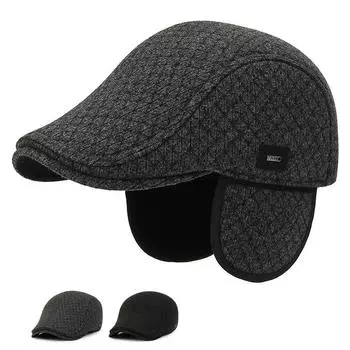 Передняя шапка для среднего и пожилого возраста, мужская осенне-зимняя фуражка, теплая хлопковая шапка с защитой ушей, толстый шерстяной берет чёрный