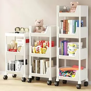 Передвижная книжная полка на колесиках, собранная стойка для хранения игрушек, большая вместимость, угловая стойка для хранения книг, многослойный простой шкаф-витрина
