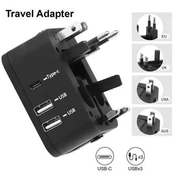 Переходник для путешествий, адаптер для путешествий с зарядным устройством USB, двойной порт USB + Type-C, 20 Вт, 6 А, сетевой адаптер, преобразователь переменного тока, штекер США, ЕС, Великобритания, Австралия, универсальный Black