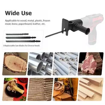 Переходник от электрической дрели к сабельной пиле с 3 сменными пильными полотнами, модифицированный инструмент для электрической дрели чёрный