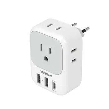 Переходник типа C для путешествий за границу Переходник TESSAN Outlet Переходник с 4 розетками переменного тока 2 порта 1 порт Совместимо с такими странами, как