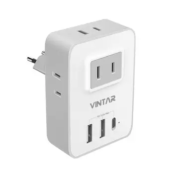 Переходник-вилка типа C VITNAR Overseas Переходник-вилка Преобразователь мощности Адаптер-конвертер 4 розетки переменного тока 2 порта USB A 1 порт типа C Корея,