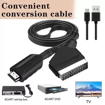 Переходной кабель-переходник HDMI в SCART, черный шнур длиной 1 м/3,28 фута
