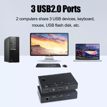 Переключатель High-Clear HDMI-совместимый KVM-переключатель с выходом 2 в 1 4KUSB RJ45 KVM-переключатель KVM с двумя мониторами чёрный