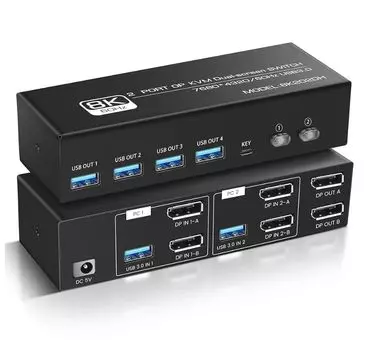 Переключатель KVM NEWCARE 2 входа 2 выхода 5 Гбит/с 4 порта выходного коммутатора Совместим с 2 ПК и 2 мониторами Переключатель KVM, который может совместно использовать и USB-накопитель чёрный