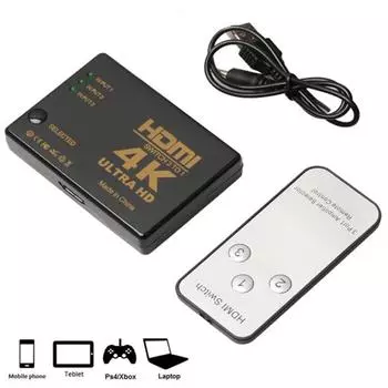 Переключатель-переключатель, совместимый с HDMI, 4x2K, 3 в 1, разветвитель 3x1 с пультом дистанционного управления чёрный