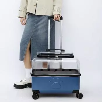 Переноска для кошек с колесами Прозрачная переноска для домашних животных Чехол-тележка для кошек с дышащими отверстиями, большой синий