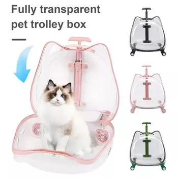 Переноска для кошек с колесами, прозрачный чехол для тележки для домашних животных, телескопическая штанга, просторная дышащая тележка для домашних животных для пеших прогулок, путешествий зелёный