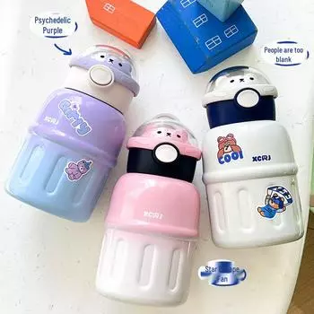 «Переносная соломенная кружка Xiaocha Diary Kids Bear — симпатичная, высококачественная изолированная посуда из нержавеющей стали для школьников»