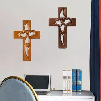 Переплетенные сердца Крест настенное украшение ручной работы деревянный двойной полый любовь сердце вера молитва A темно-коричневого