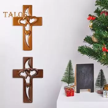 Переплетенный крест в форме сердца, настенное украшение, ручная работа, деревянный двойной полый крест с изображением любви, веры, молитвы, домашнего офиса, настенное украшение A темно-коричневого