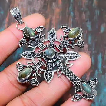 Пересеките кулон ювелирных изделий стерлингового серебра 925 драгоценной камня лабрадорита ручной работы на День благодарения 3.35 Inches зелёный