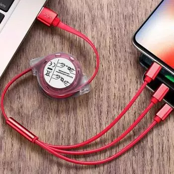 Перетащите три телескопических кабеля для передачи данных, чтобы подтолкнуть подарок, легкий мобильный телефон для хранения, 3А, быстрая зарядка красный