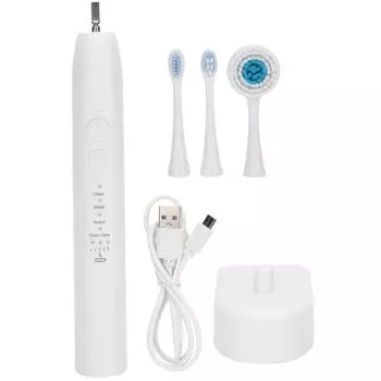 Перезаряжаемая электрическая зубная щетка для чистки зубов, 4 режима, с насадкой для чистки лица, белая