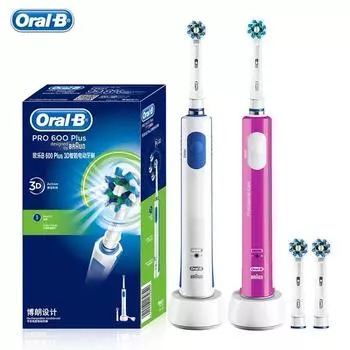 Перезаряжаемая электрическая зубная щетка Oral-B Pro600 Plus, вращающаяся 3D сменная насадка для электрической зубной щетки с поперечным сечением, насадки Oral B фиолетовый
