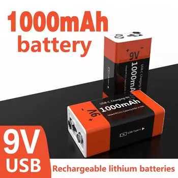 Перезаряжаемая батарея 9 В, мультиметр, 1000 мАч, гитарный инструмент, 9 В, квадратная литий-ионная батарея 6F22, аккумуляторы с прямой зарядкой через USB 1pc with usb cable