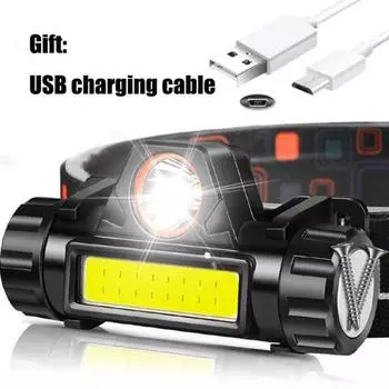 Перезаряжаемая через USB светодиодная фара, мощная налобная лампа COB, фонарик, водонепроницаемый налобный фонарь со встроенной батареей емкостью 1200 мАч чёрный