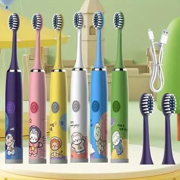 Перезаряжаемая детская электрическая зубная щетка, USB-интерфейс для зарядки, с 3 сменными насадками, бережно относится к деснам, включение одним нажатием WB-3 Brush Head-White-Rechargeable