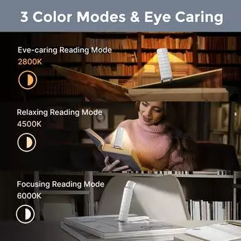 Перезаряжаемая лампа для чтения с 3 цветами и 5 уровнями яркости, регулируемые углы наклона, портативная лампа для чтения для кровати, таймер на 30 минут для детской комнаты белый