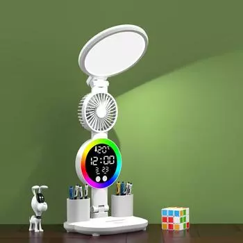 Перезаряжаемая настольная лампа для учебы, настольная лампа для чтения, светодиодная настольная лампа с вентилятором, светодиодная лампа для чтения с дисплеем часов