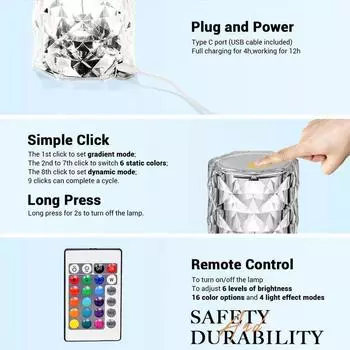 Перезаряжаемый 3/16 цветов RGB Rose LED ночник меняющий цвет кристалл сенсорный настольная лампа для спальни тумбочка рождественский декор