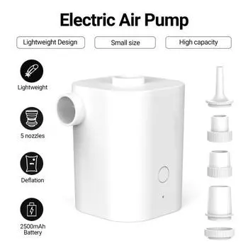 Перезаряжаемый электрический воздушный насос емкостью 2500 мАч с 5 насадками для быстрого надувания/сдувания портативных плавательных колец белый