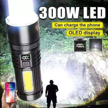 Перезаряжаемый фонарик 300 Вт светодиодный фонарик COB Lights дальний выстрел 2500 м фонарик для кемпинга зумируемый фонарик со встроенной батареей широкоугольный фонарь A-With Type-C