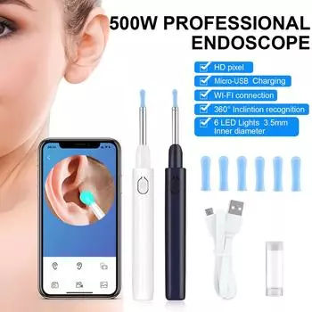 Перезаряжаемый комплект для удаления ушной серы YLYP, беспроводной отоскоп, инструмент для удаления ушной серы с 1080P, камера для визуального наблюдения за ушами 3,5 мм белый
