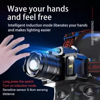 Перезаряжаемый налобный фонарь 2000 мАч супер яркий свет T51 индукционный светодиодный налобный фонарь водонепроницаемый кемпинговый мобильный внешний аккумулятор мигающий чёрный