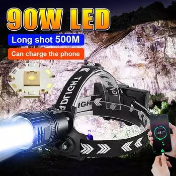 Перезаряжаемый налобный фонарь, 90 Вт, светодиодный, высокий люмен, 10000 лм, полезный налобный фонарик, масштабируемая фара, 18650, водонепроницаемый налобный фонарь A-Headlamp