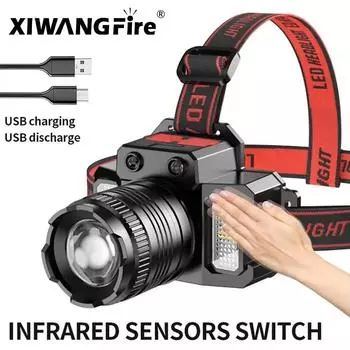 Перезаряжаемый налобный фонарь с датчиком COB Chip LED Zoom Fishing Torch Outdoor Super Bright Waterproof Camping Hunting Warning Head Lamp
