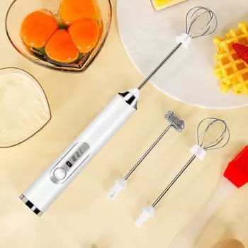 Перезаряжаемый ручной миксер для вспенивания молока с 3 скоростями, ручка для зарядки через USB, подставка, электрический венчик для взбивания яиц с латте, капучино, горячего шоколада белый