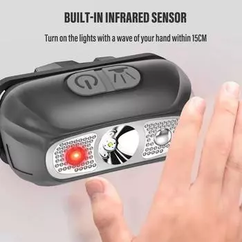 Перезаряжаемый светодиодный налобный фонарь для рыбалки, кемпинговый фонарь с индукционным датчиком, водонепроницаемый фонарик, сверхлегкий корпус лампы чёрный