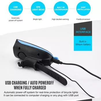 Перезаряжаемый USB передний фонарь для велосипеда с громким велосипедным звуковым сигналом, 250 люмен, водонепроницаемый передний фонарь, 120 дБ синий