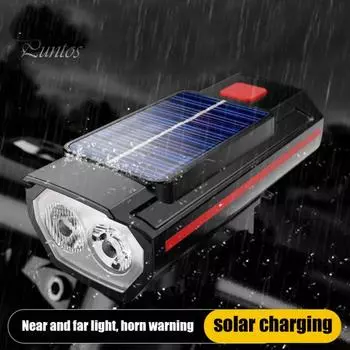 Перезаряжаемый велосипедный фонарь с электрическим звонком, солнечной зарядкой. Простая установка. Ночная езда. Ультраяркие аксессуары для велосипедных фонарей. B чёрный