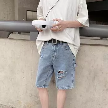 Перфорированные джинсовые шорты для мужчин, корейская версия, новые модные свободные повседневные брюки из пяти предметов, гонконгский стиль, модные брендовые брюки 2XL