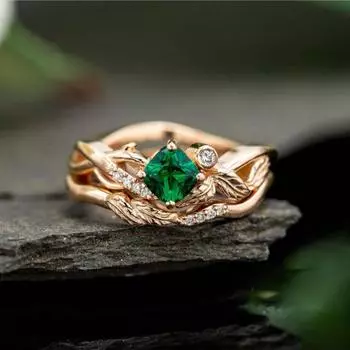 Perhiasan Mewah 18K Cincin Emas Mawar Dikepang Rantai Salib Berliku Cincin untuk Wanita Cincin Pernikahan Kristal Batu Zamrud Alami 10